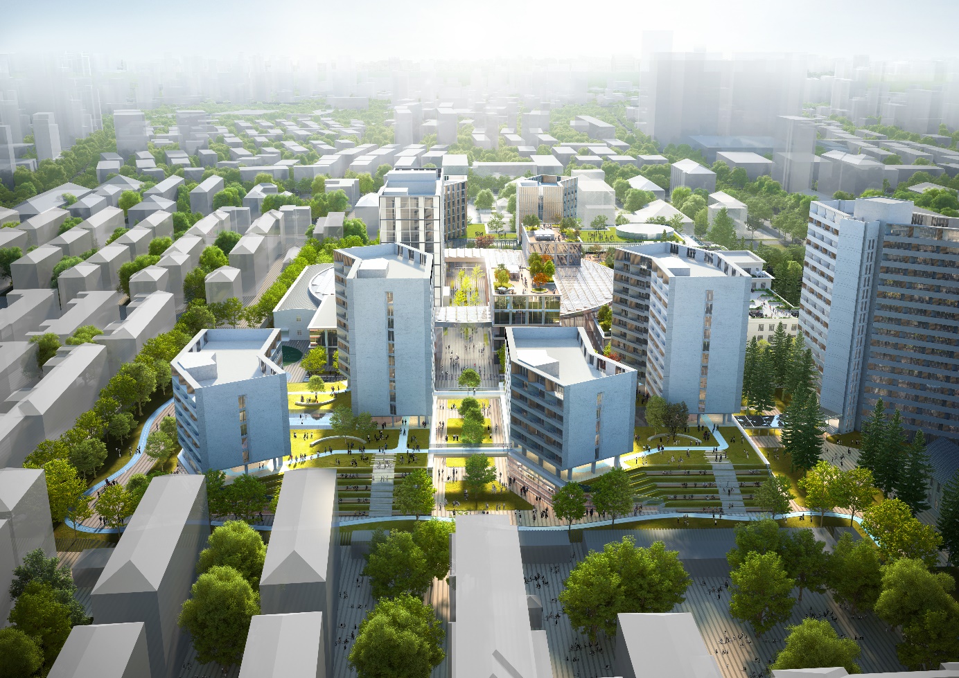 图为西侧鸟瞰校园宿舍区——城市肌理的衔接与融合 图为西侧鸟瞰校园宿舍区——城市肌理的衔接与融合